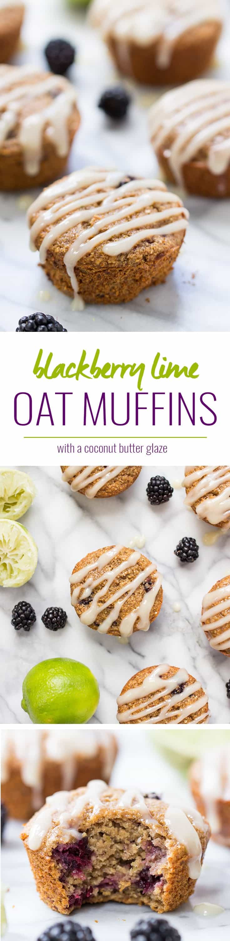 Blackberry Lime Oatmeal Muffins topped with a creamy coconut butter glaze! Naturally gluten-free, without any dairy, oils or eggs!