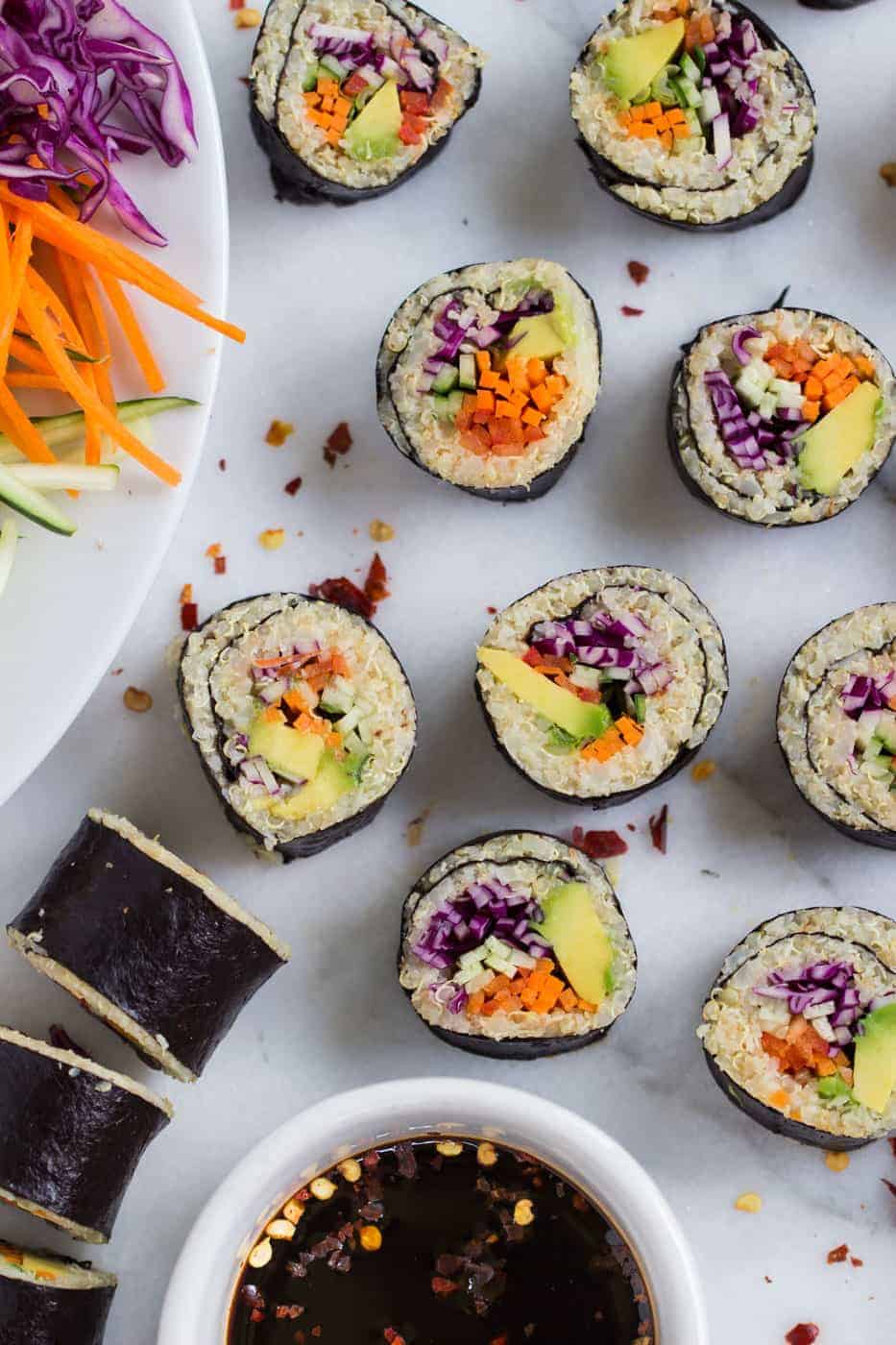 Cauliflower Rice + Quinoa Sushi packed full of fresh veggies!