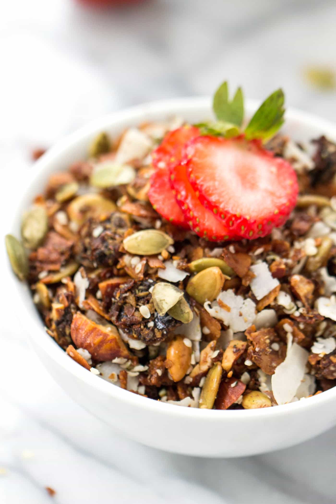 The ULTIMATE grain-free granola! With coconut, almonds, three types of seeds and sweetened naturally from maple syrup and dates!