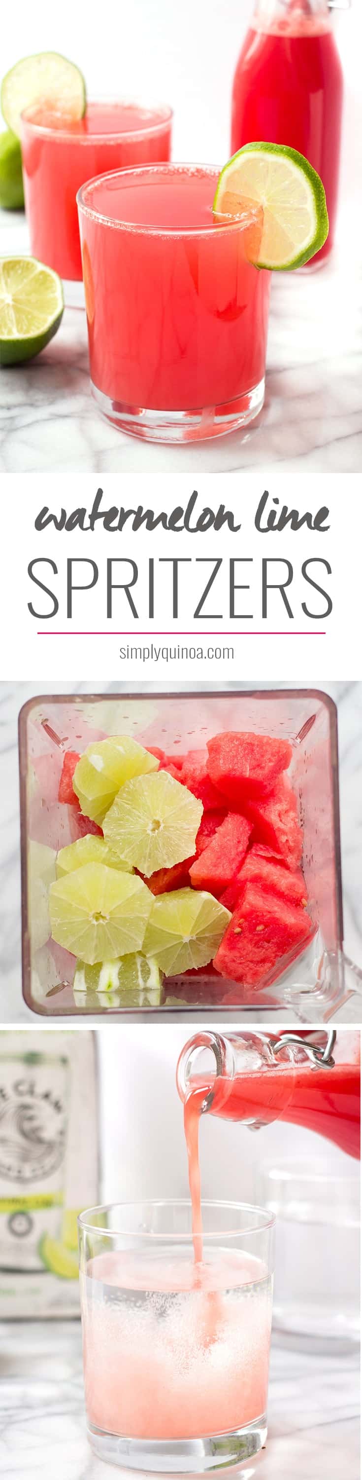 Looking for a healthy summer cocktail recipe? Try these Watermelon Lime Spritzers! They're only three ingredients, sweetened naturally, and are light, crisp and refreshing!