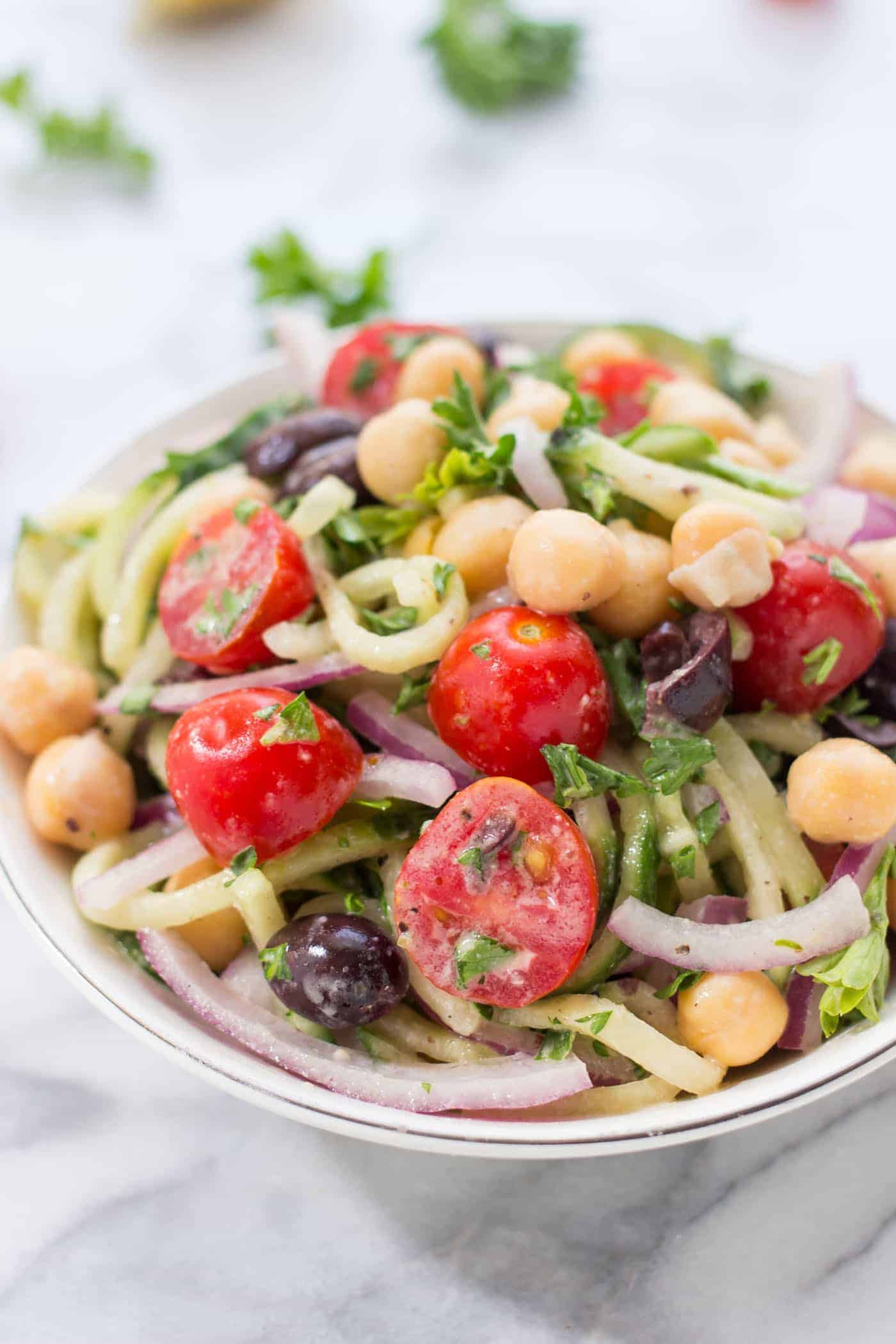Cucumber Noodle Greek Salad -- a light and refreshing pasta salad that is healthy and satisfying!