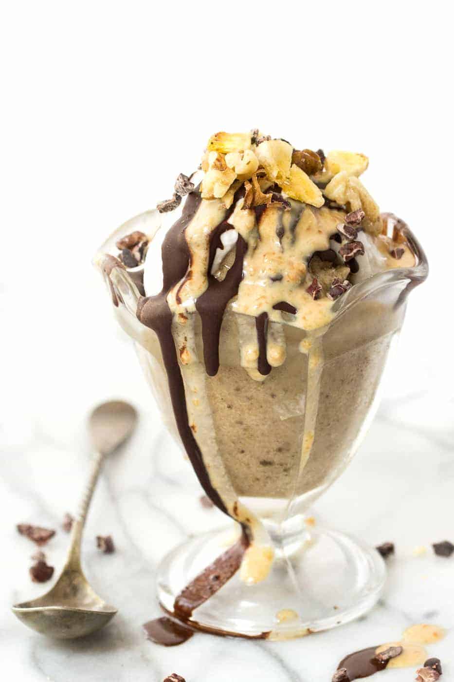 Clean Eating Banana Ice Cream Sundae -- a decadent treat or healthy indulgence? BOTH! made without any refined sugar or dairy, this is a dessert you can enjoy and feel great about eating!