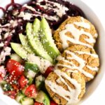 EASY BAKED FALAFEL BOWLS with roasted beet noodles and a creamy tahini dressing [VEGAN]