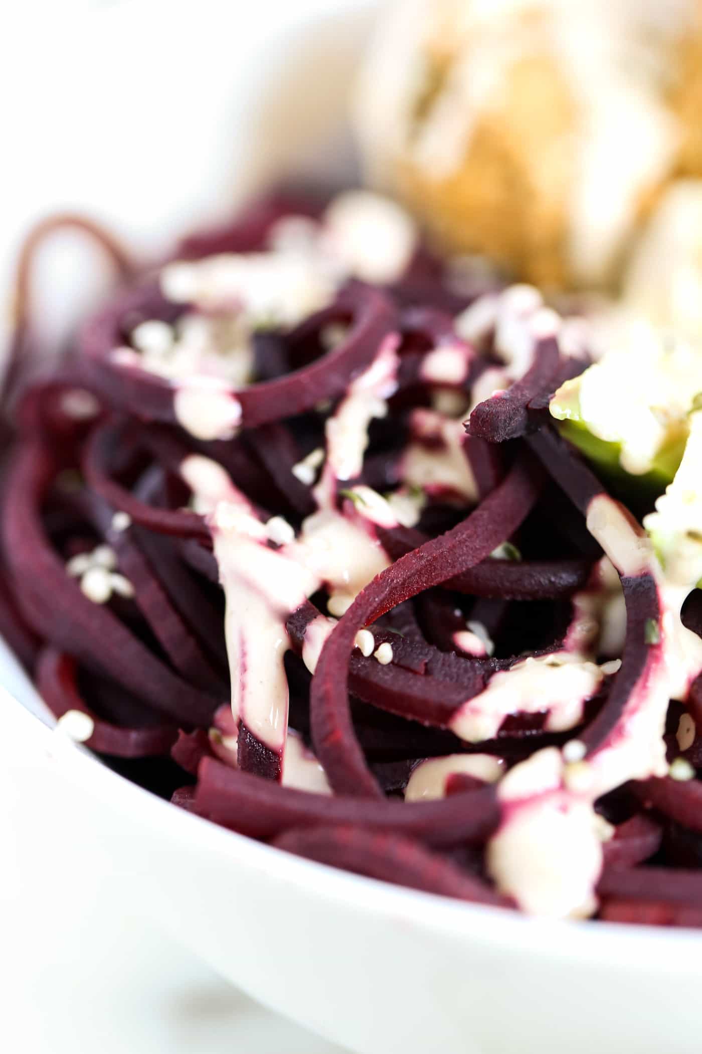 Roasted Beet Noodles with a creamy tahini sauce!