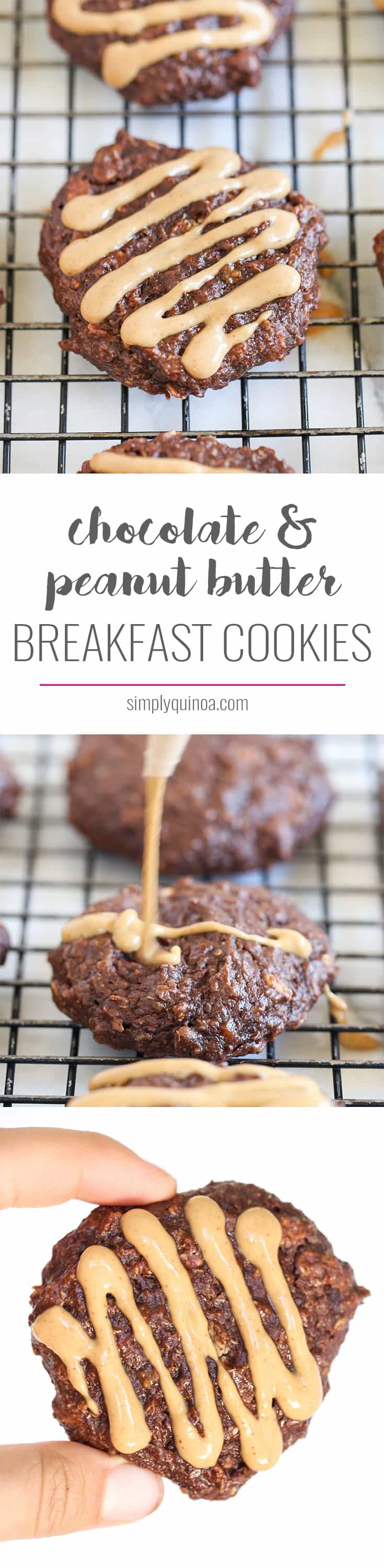 These quinoa breakfast cookies taste like dessert, but are healthy enough for breakfast! Flavored with banana, peanut butter, chocolate, oats, quinoa & more!