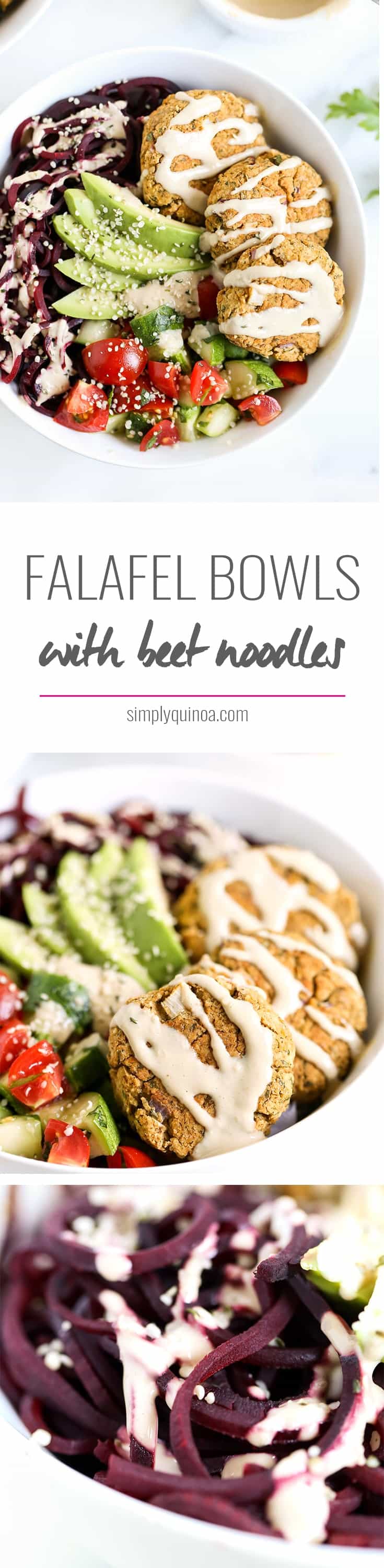 VEGETARIAN FALAFEL BOWLS with beet noodles. cucumbers, tomatoes and a creamy tahini dressing!