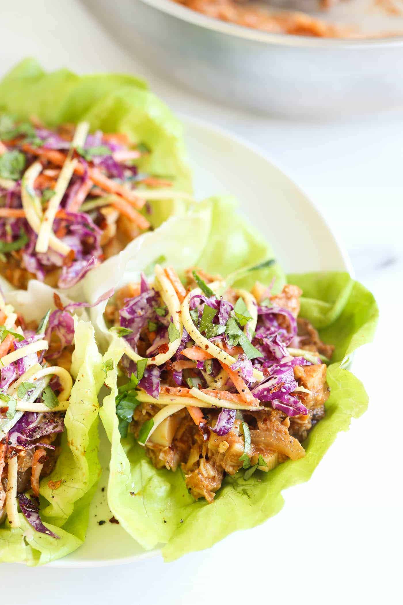 You'd never believe it, but these BBQ pulled pork lettuce wraps are actually VEGAN! 