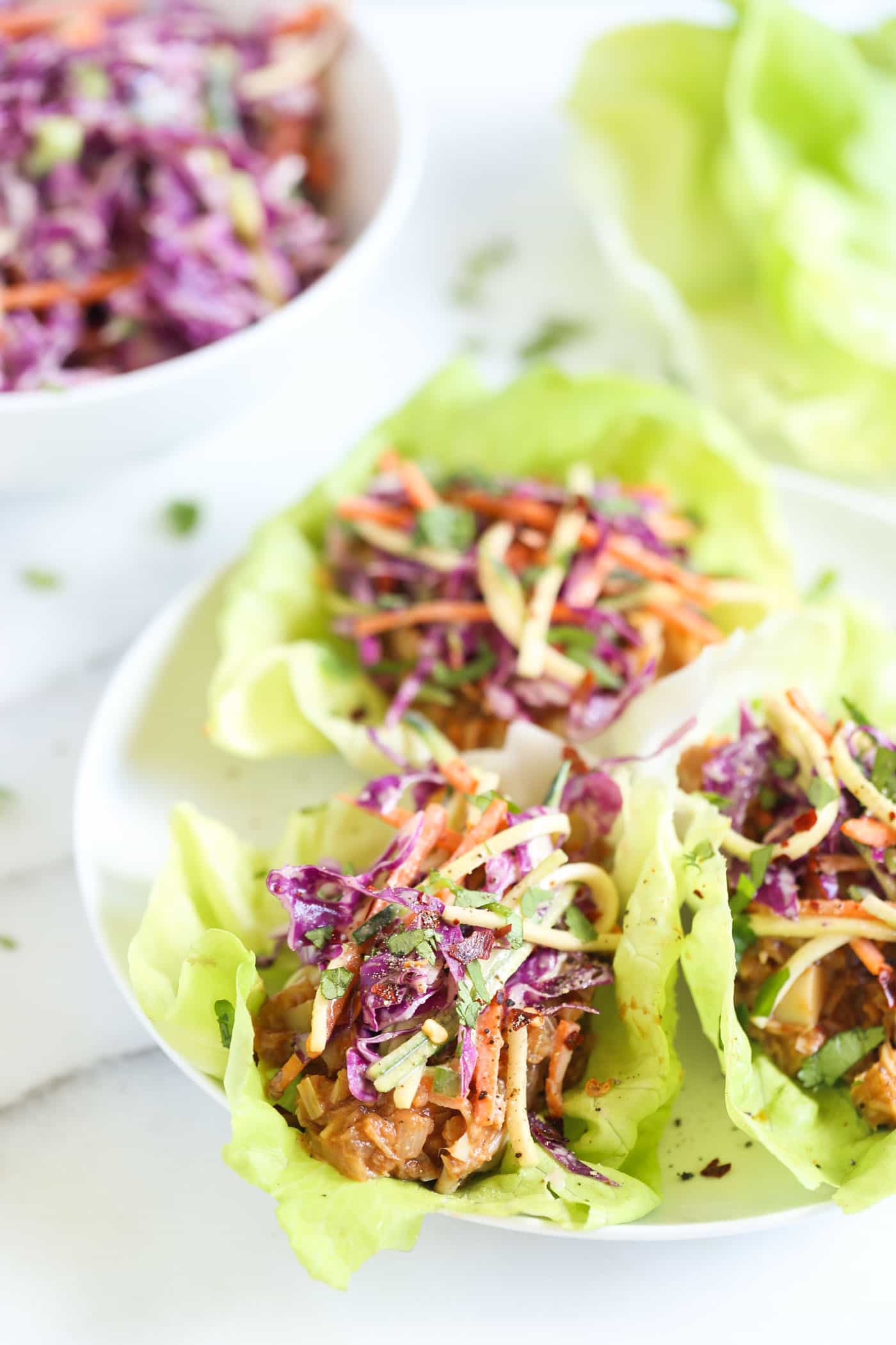 You'd never believe it, but these BBQ pulled pork lettuce wraps are actually VEGAN! 