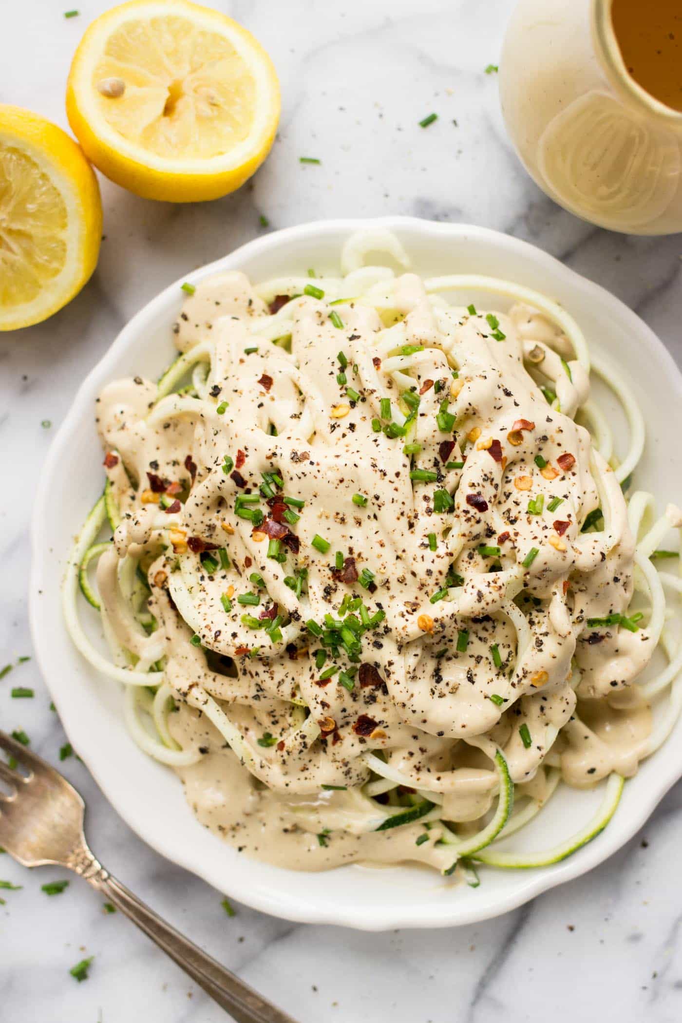 Zucchini Noodles with a Vegan Lemon Cream Sauce -- quick, easy, healthy and DELISH!