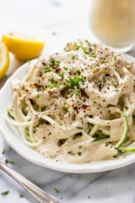 Zucchini Noodles with a Vegan Lemon Cream Sauce -- quick, easy, healthy and DELISH!