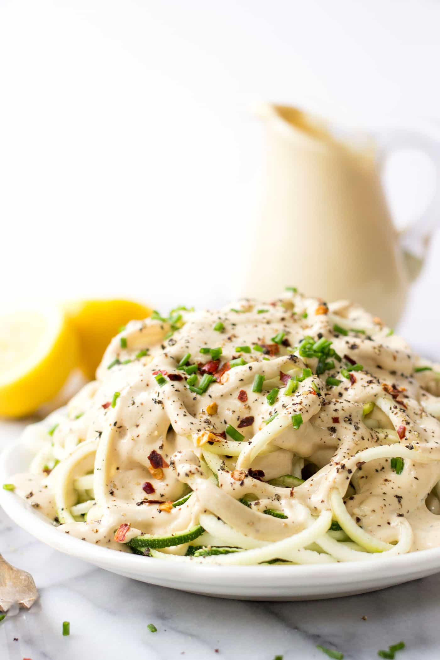 Zucchini Noodles with a Vegan Lemon Cream Sauce -- quick, easy, healthy and DELISH!