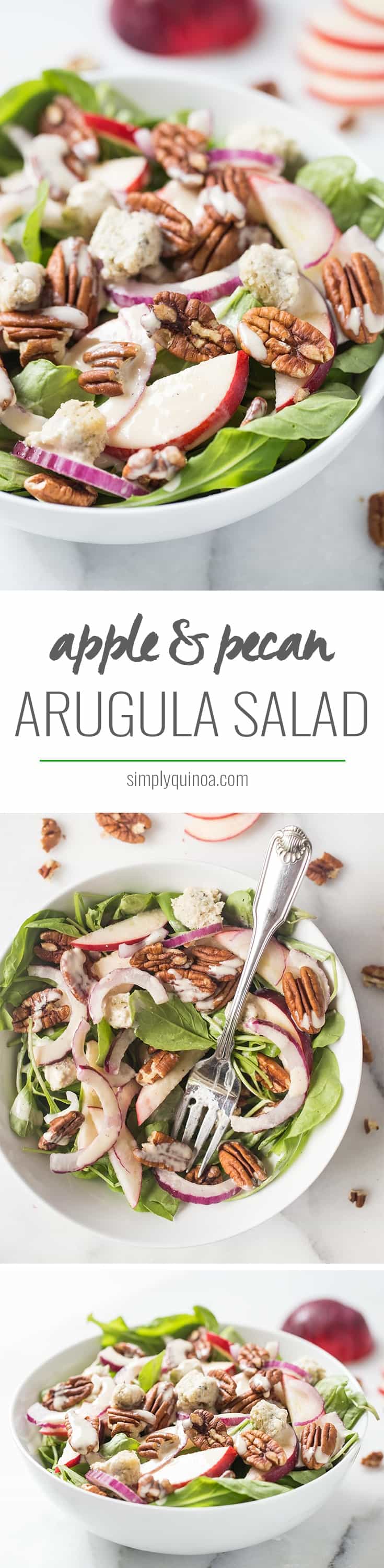 A super simple APPLE + PECAN ARUGULA SALAD topped with herbed cashew cheese and a maple-tahini dressing!