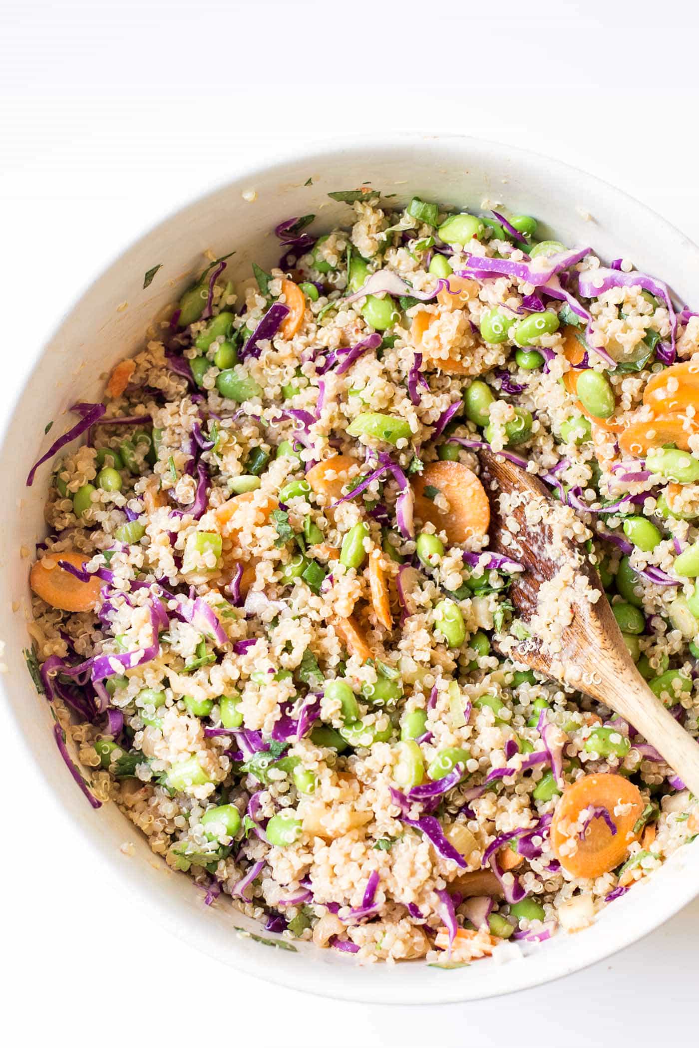 Overhead view of quinoa salad made with white miso paste in large bowl