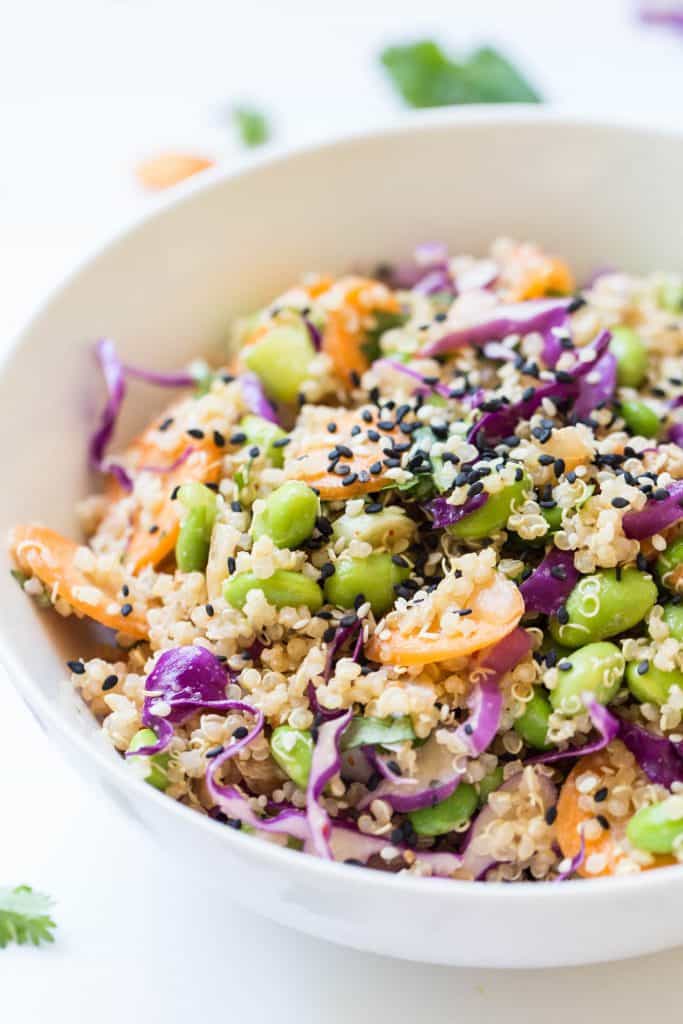 ASIAN QUINOA POWER SALAD with tons of raw veggies and a ginger-miso dressing!