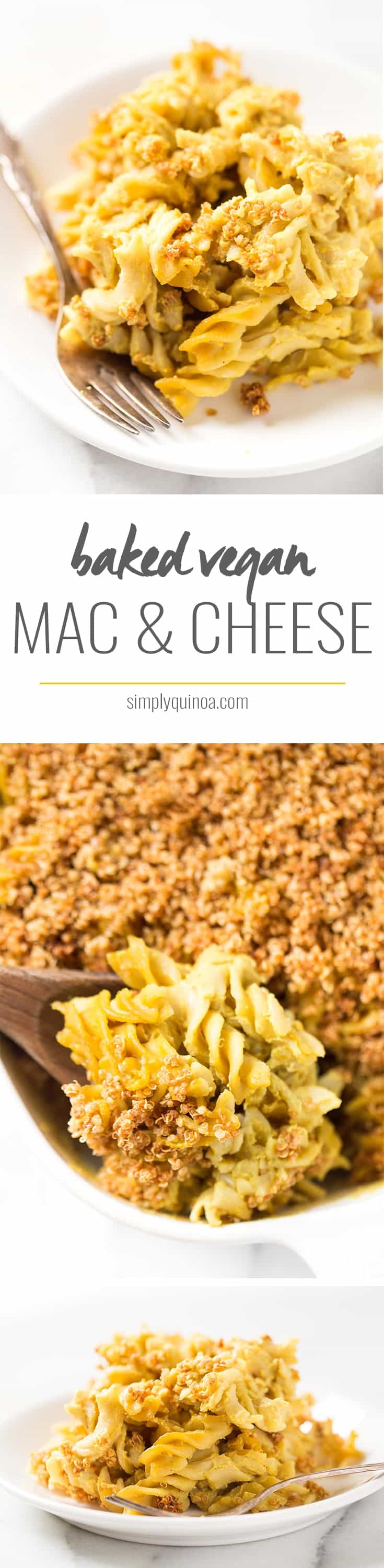 Baked VEGAN Mac and Cheese with a dreamy "cheese" sauce and a crunchy quinoa topping!