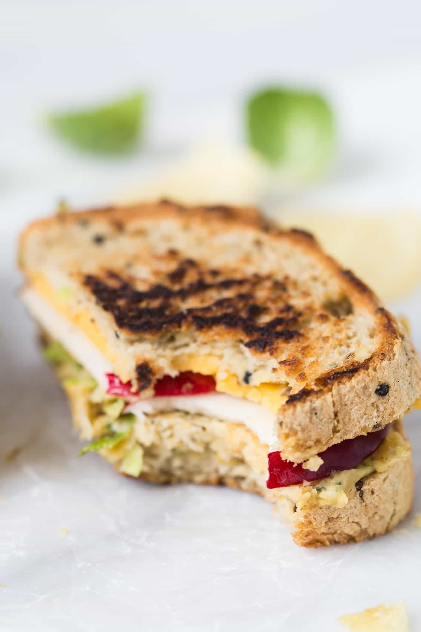 Brussels Sprout + Hummus Grilled Cheese Sandwich -- with a smashed chickpea salad in the middle! So simple, so healthy and SO good!