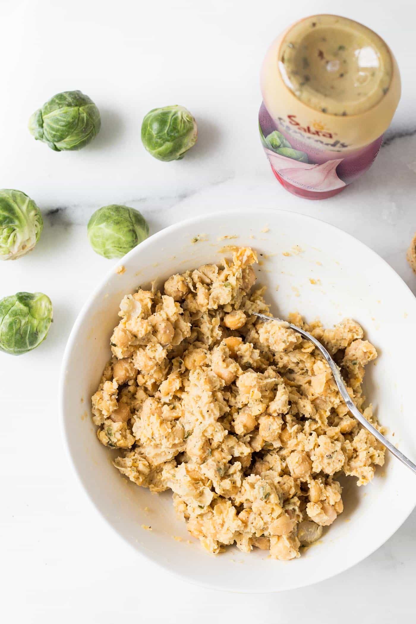 Smashed Chickpea Salad with Brussels Sprouts -- the perfect addition to your next sandwich or salad!