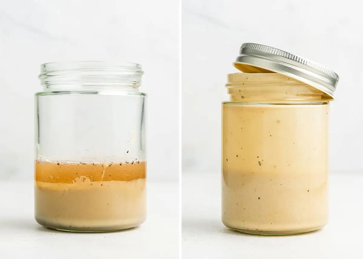 Side by side of a jar without a lid, with tahini and vinegar, separated, in it, and a jar with a lid half on with tahini dressing in it