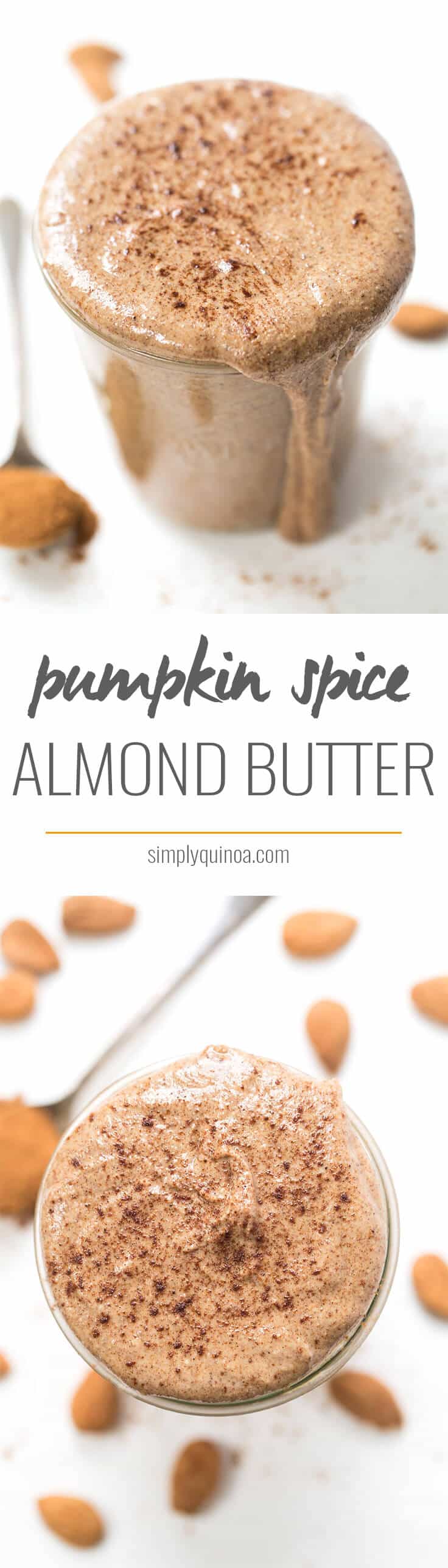 PUMPKIN SPICE ALMOND BUTTER -- love this fall spin on my fave nut butter of all time! This would be so good on toast with a little pumpkin butter on top!