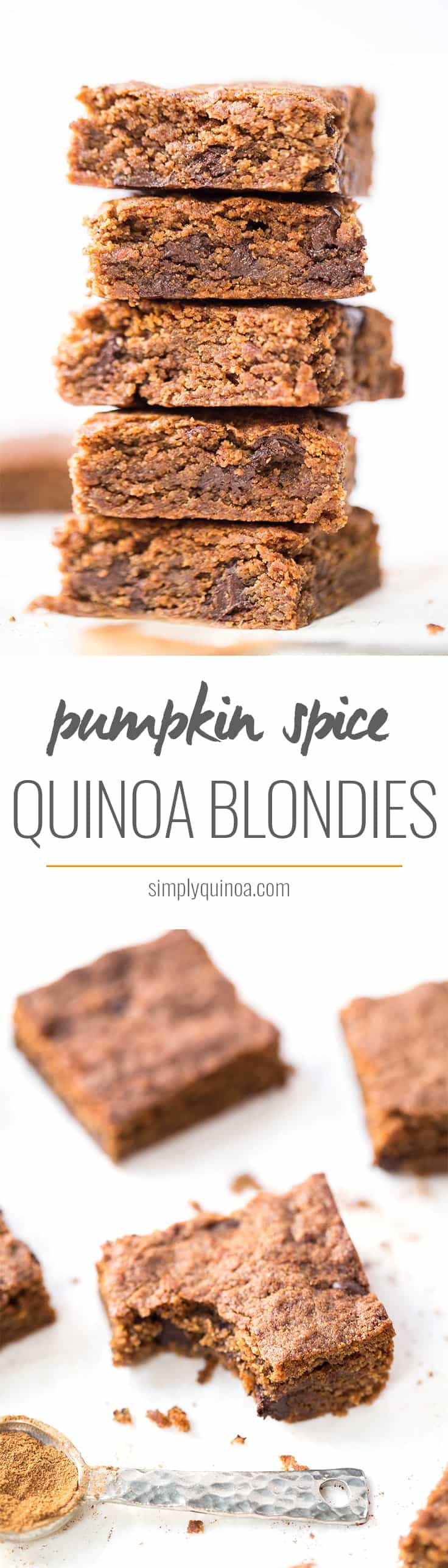 Ooey-gooey Pumpkin Spice Quinoa Blondies with dark chocolate chips! They're the perfect fall dessert!