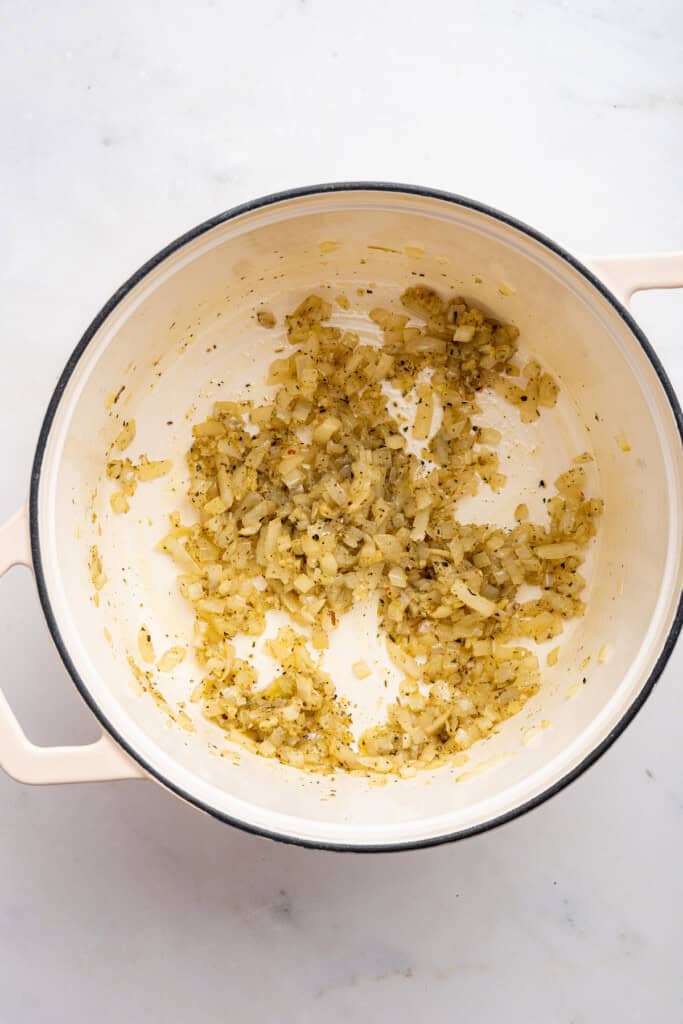 Cooking onions and aromatics in a dutch oven.