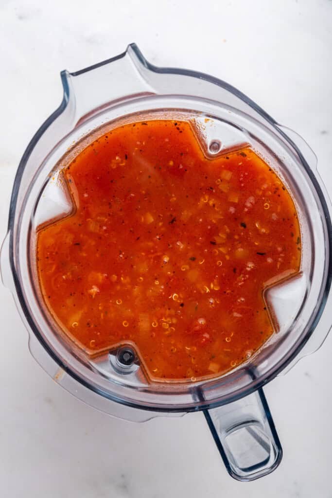 Cooled soup in a blender ready to blend.