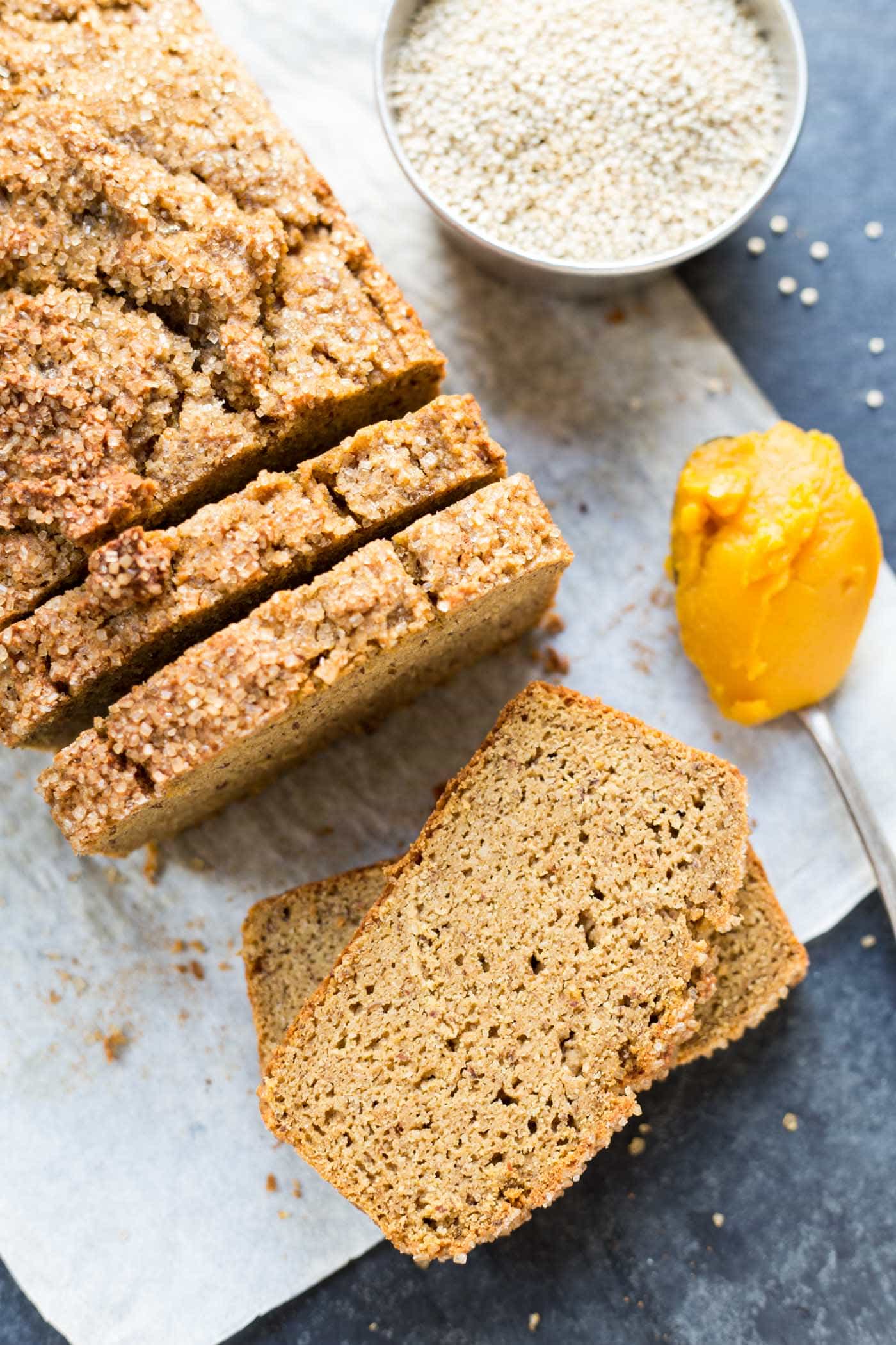 Quinoa + Almond Flour Pumpkin Bread -- a healthy spin on a classic recipe with 6g of protein + 3g of fiber PER SLICE!