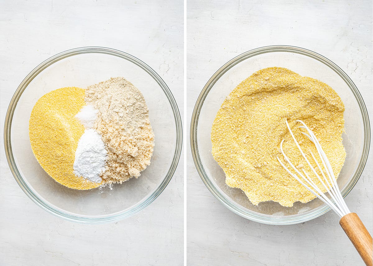 This vegan pumpkin cornbread recipe is moist, tender, and full of fall flavors, plus it's gluten-free and only uses one bowl. A side-by-side with a bowl of the dry ingredients for vegan pumpkin cornbread next to a bowl with those ingredients mixed together, with a whisk