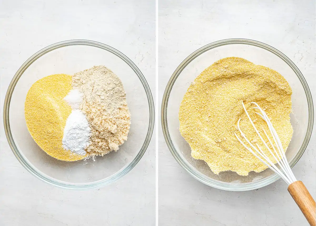 A side-by-side with a bowl of the dry ingredients for vegan pumpkin cornbread next to a bowl with those ingredients mixed together, with a whisk