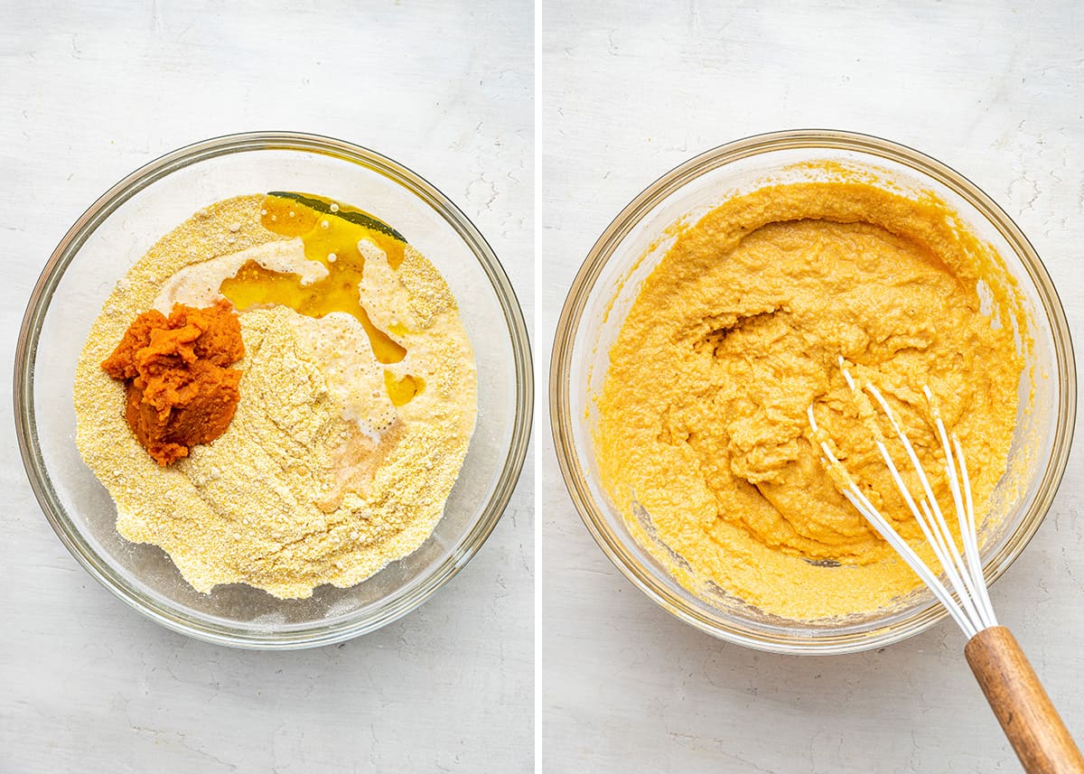 A side by side with a glass bowl with the dry ingredients for vegan pumpkin cornbread with the wet ingredients on top, next to a bowl with the ingredients mixed together, and a whisk sticking in it