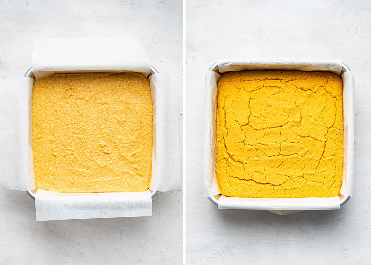 This vegan pumpkin cornbread recipe is moist, tender, and full of fall flavors, plus it's gluten-free and only uses one bowl. Side by side of a square baking tray with vegan pumpkin cornbread batter in it, next to a pan with a baked vegan pumpkin cornbread
