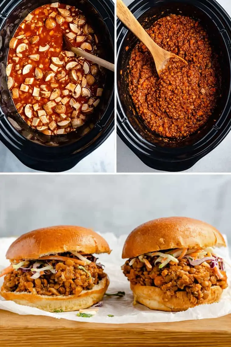 Three pictures: a slow cooker filled with mushrooms, broth, and the rest of the ingredients for lentil sloppy joes, uncooked, with a wooden spoon in it; a slow cooker full of cooked lentil sloppy joes with a wooden spoon in it; and two lentil sloppy joes sandwiches with slaw on a piece of sandwich paper