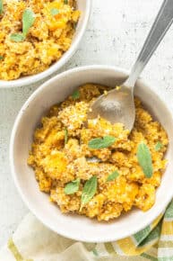bite of vegan butternut squash risotto with quinoa