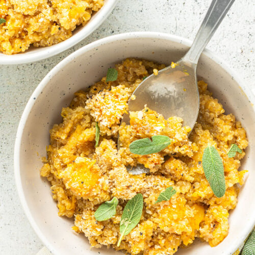 bite of vegan butternut squash risotto with quinoa
