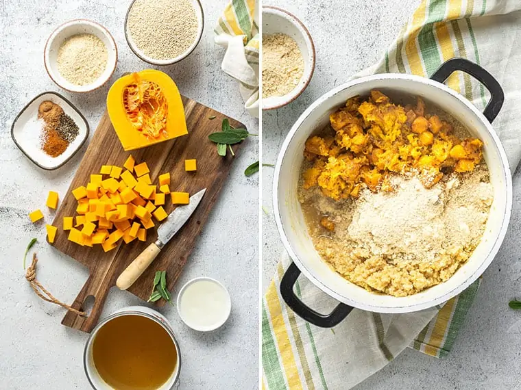 Side-by-side photos showing how to make butternut squash quinoa risotto.