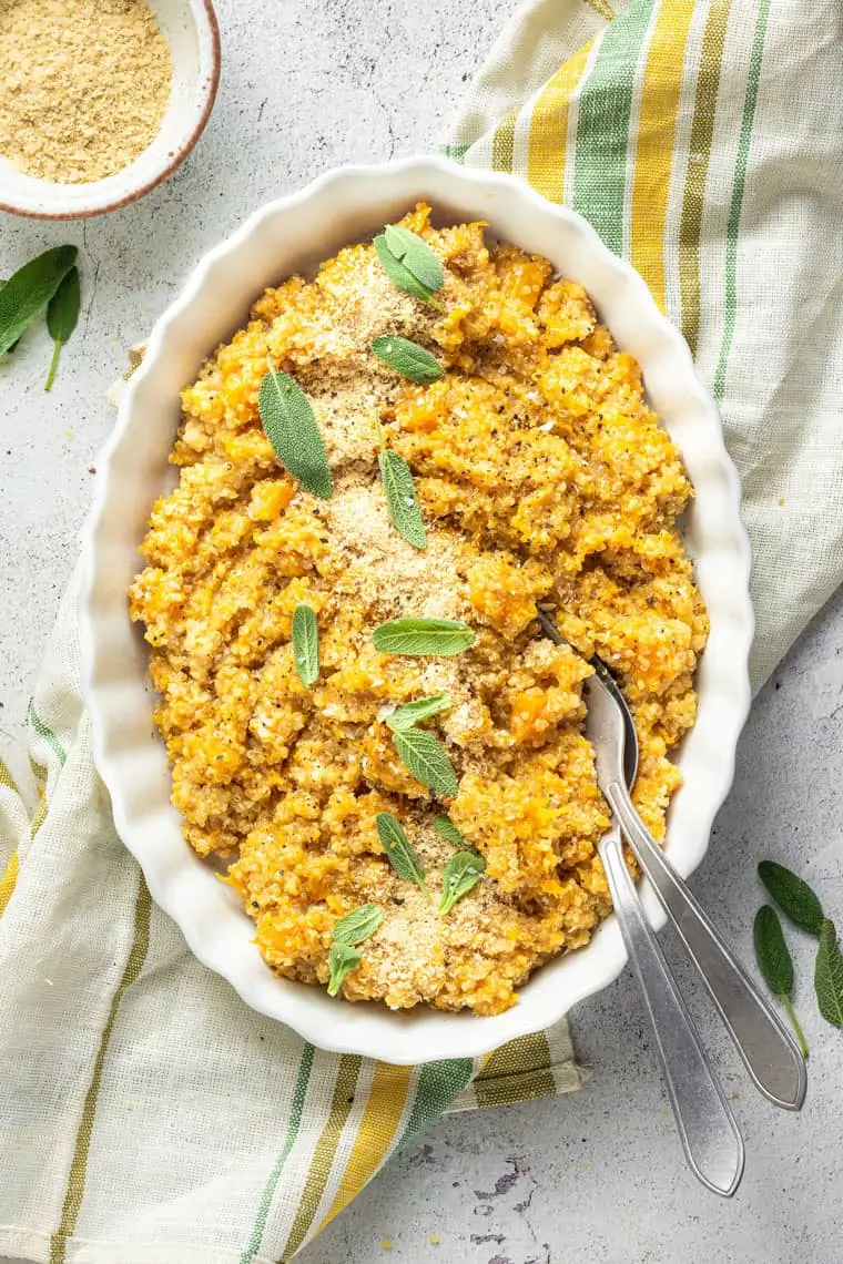 Butternut squash quinoa risotto in a large casserole dish.