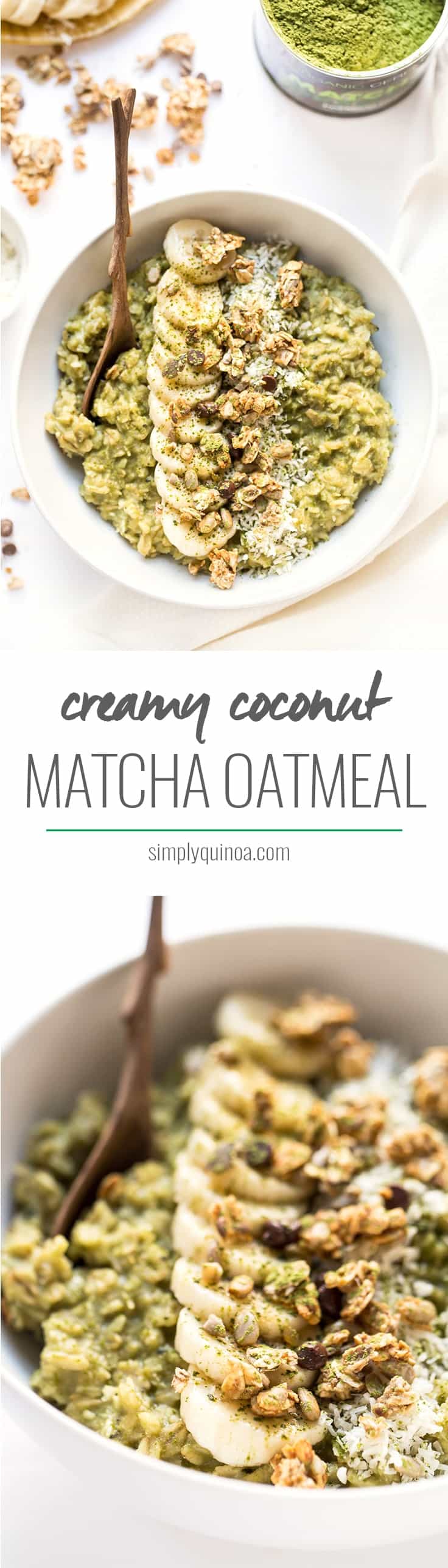 These Creamy Coconut Matcha Oatmeal bowls are the perfect, warming breakfast! Packed with antioxidants and fiber, it's the perfect way to start your day!