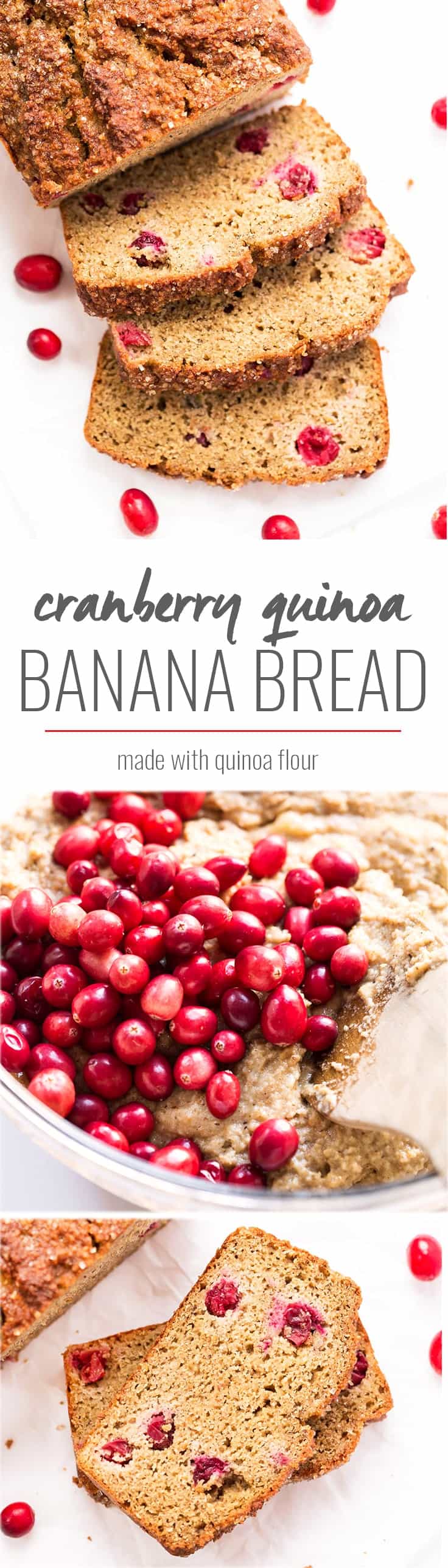 This AMAZING cranberry quinoa banana bread is made with only healthy ingredients and is free from gluten, dairy, refined sugar AND uses only 1 tablespoon of oil!