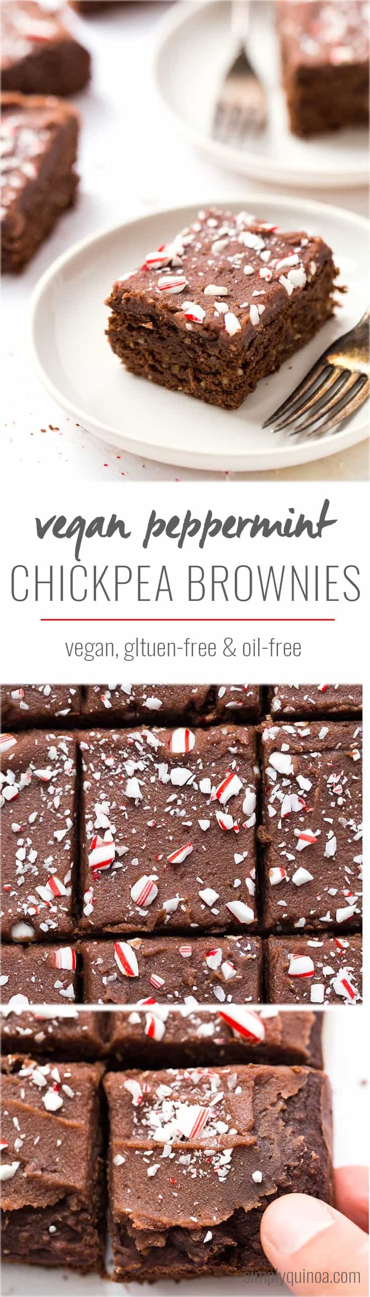 High Protein Chickpea Brownies topped with a chocolate coconut butter icing and crushed peppermint candies! A HEALTHY holiday treat!