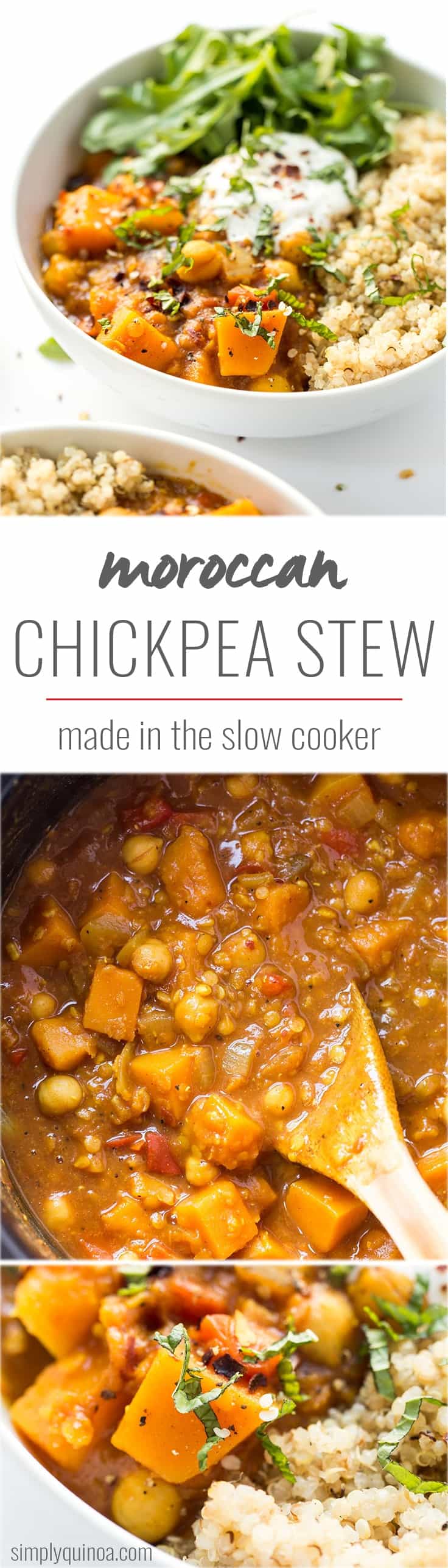 This slow cooker Moroccan Chickpea Stew is made with tons of aromatic spices, butternut squash and red lentils for a hearty, plant-based dinner!