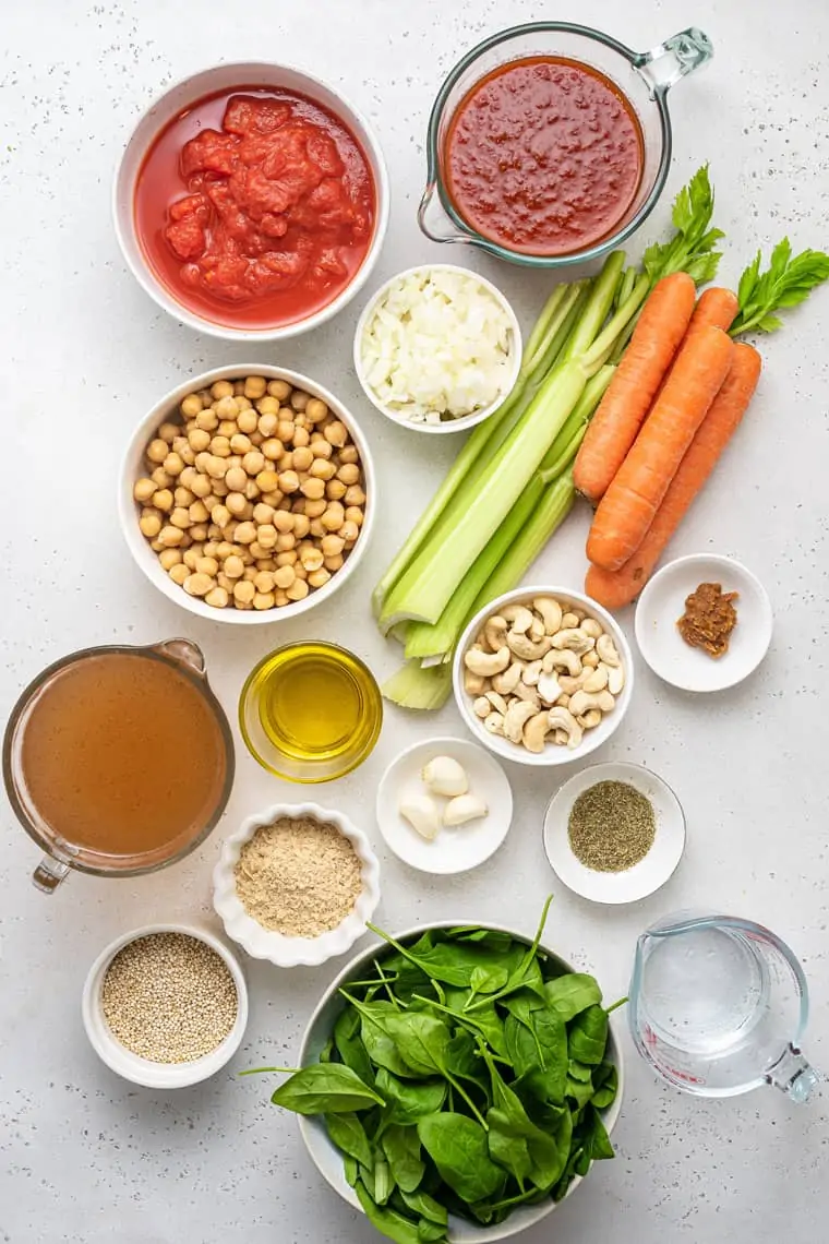 ingredients for creamy soup with chickpeas, spinach and cashews