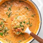 ladle of quinoa creamy soup with spinach