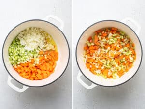 collage of a pot with creamy italian quiona soup cooking