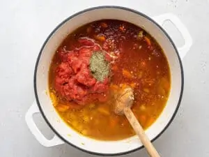 stirring tomatoes and seasoning into quinoa soup