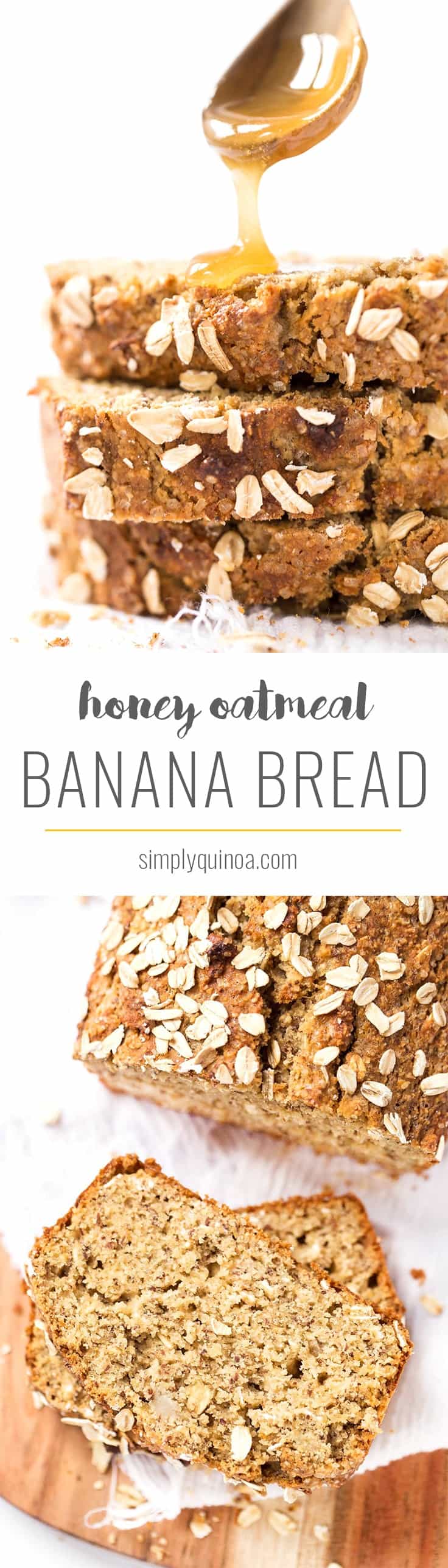 This HEALTHY Honey Oatmeal Banana Bread is packed with nutrient-dense flours, sweetened naturally and uses just one tablespoon of oil!