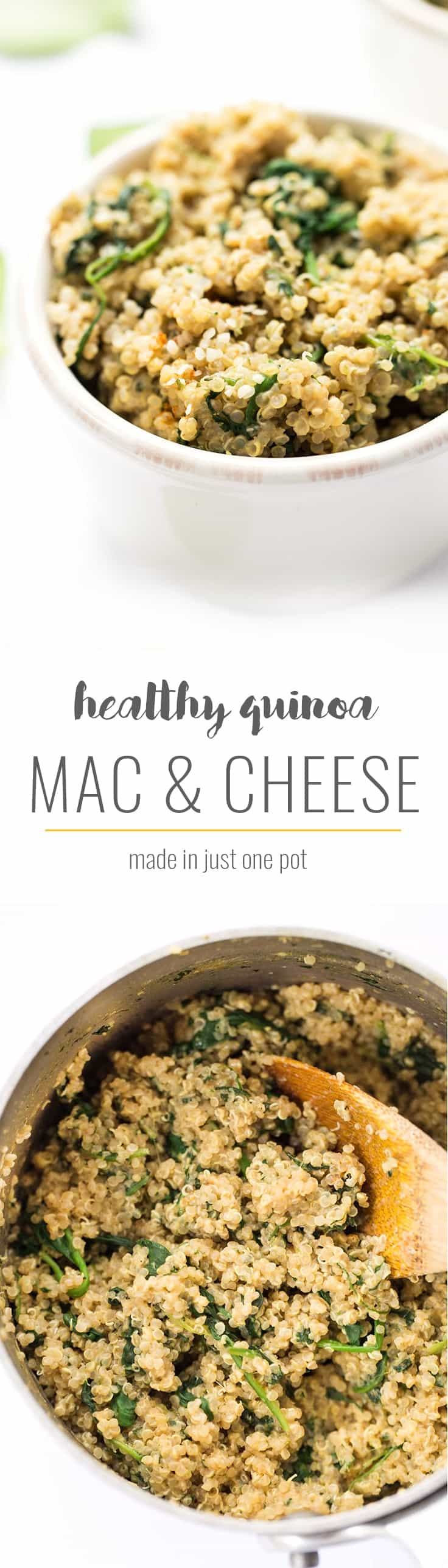 This HEALTHY Quinoa Mac and Cheese recipe is made in just one pot, is super high protein and a great way to sneak in some greens! || 340 calories, 30g protein per serving