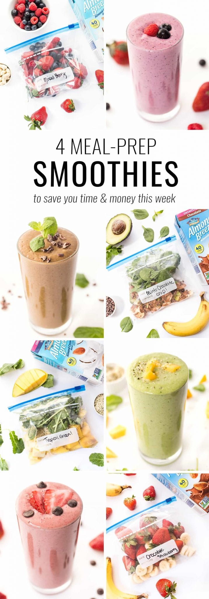 Meal prep like a boss with these 4 EASY meal-prep smoothie recipes! Just toss the ingredients in a bag, freeze and blend when ready to eat!