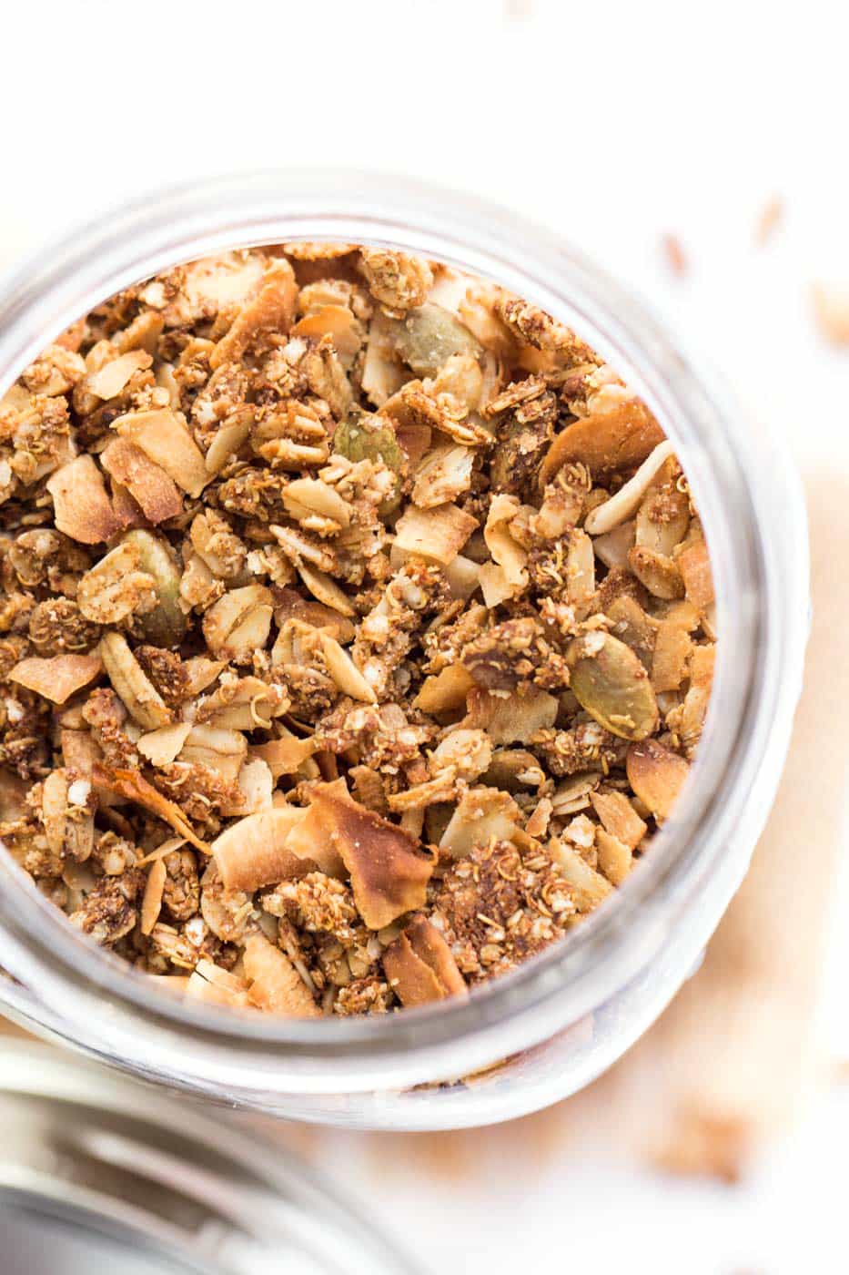 Maca & Maple Quinoa Granola -- sweet mapley clusters, crunchy bites of coconut and tons of good-for-you ingredients!
