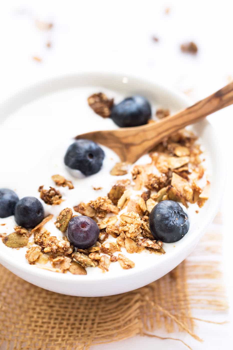 Maca & Maple Quinoa Granola -- sweet mapley clusters, crunchy bites of coconut and tons of good-for-you ingredients!