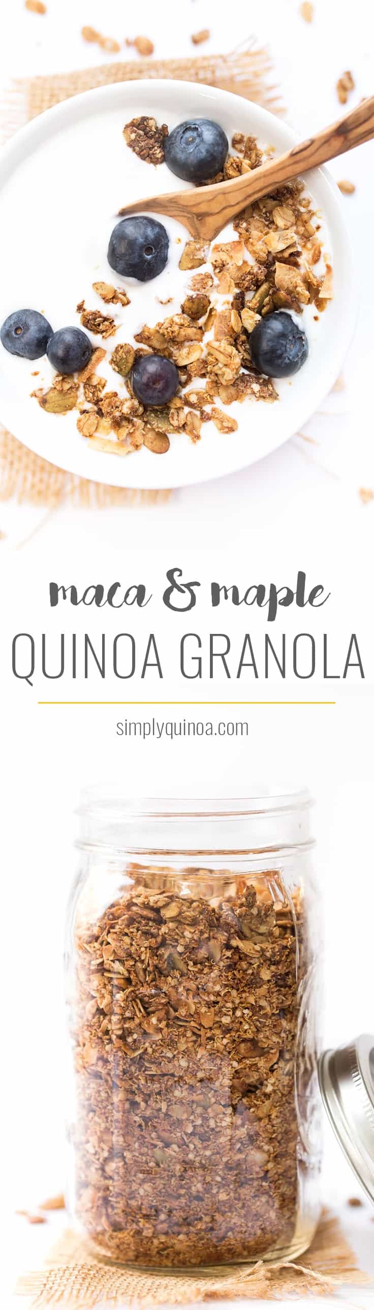 Maca & Maple Quinoa Granola -- sweet mapley clusters, crunchy bites of coconut and tons of good-for-you ingredients!